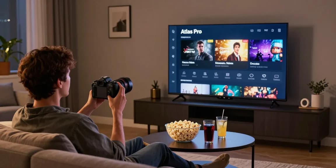 Découvrez l'application Atlas Pro ONTV sur un téléviseur moderne avec une ambiance chaleureuse.