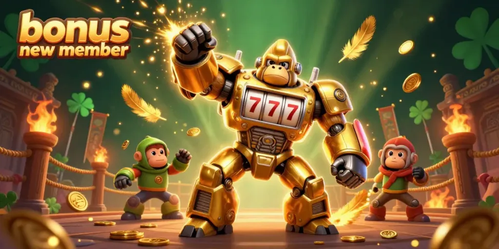 Engage players with bonus new member offer, featuring vibrant casino-themed elements and dynamic characters.