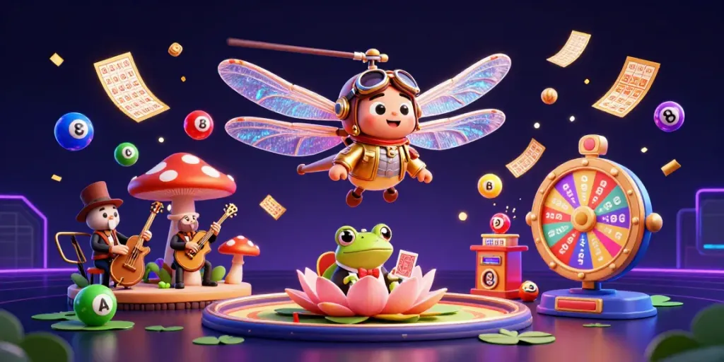 Engage with YO88's vibrant casino adventures featuring a dynamic dragonfly pilot and frog croupier.