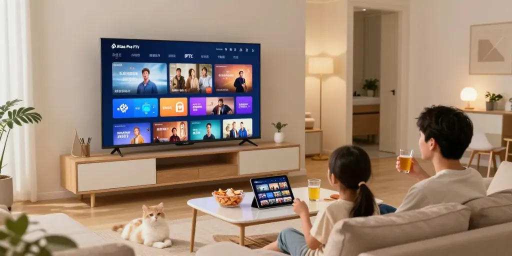 Découvrez un salon moderne où une famille utilise Atlas Pro IPTV sur un grand téléviseur, créant une atmosphère chaleureuse.