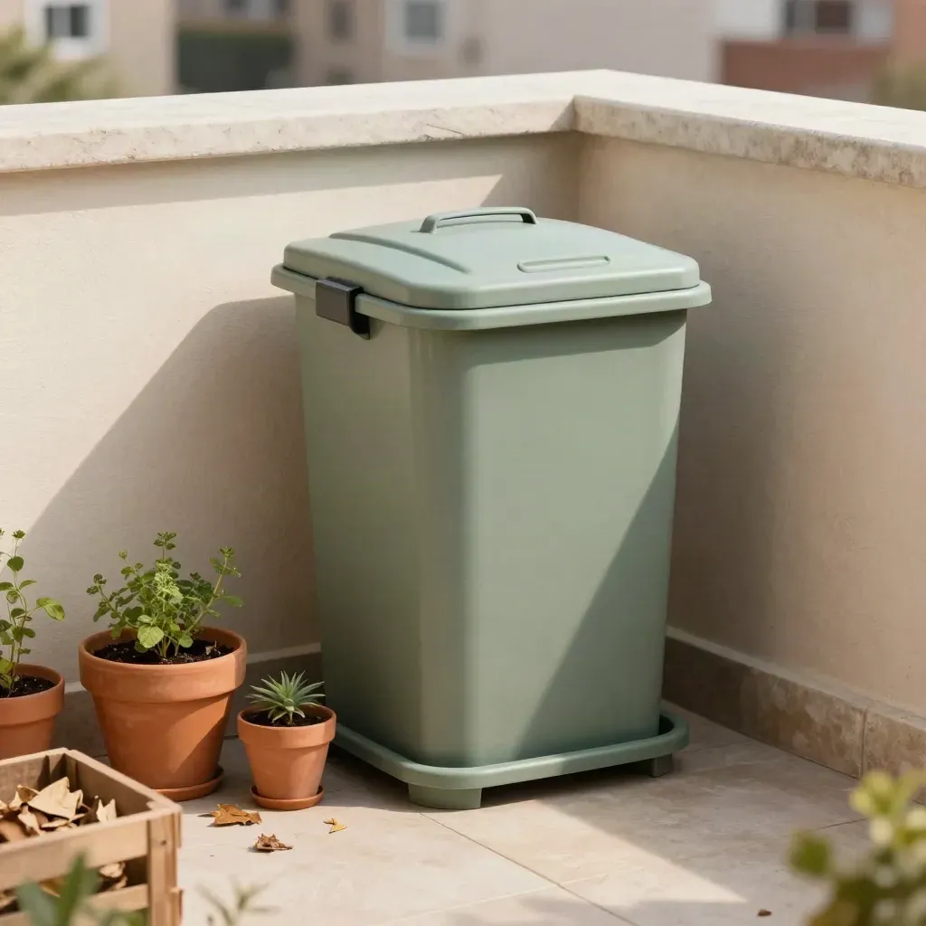 Composteur de balcon compact, pots d’herbes et feuilles sèches sur un balcon venté.