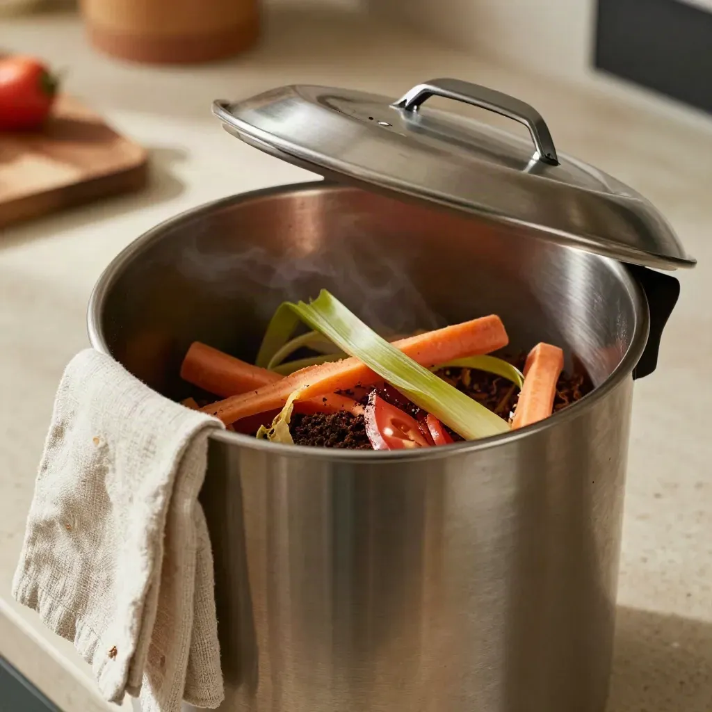 Bac de compost de cuisine en acier, couvercle de travers, épluchures et torchon écru.
