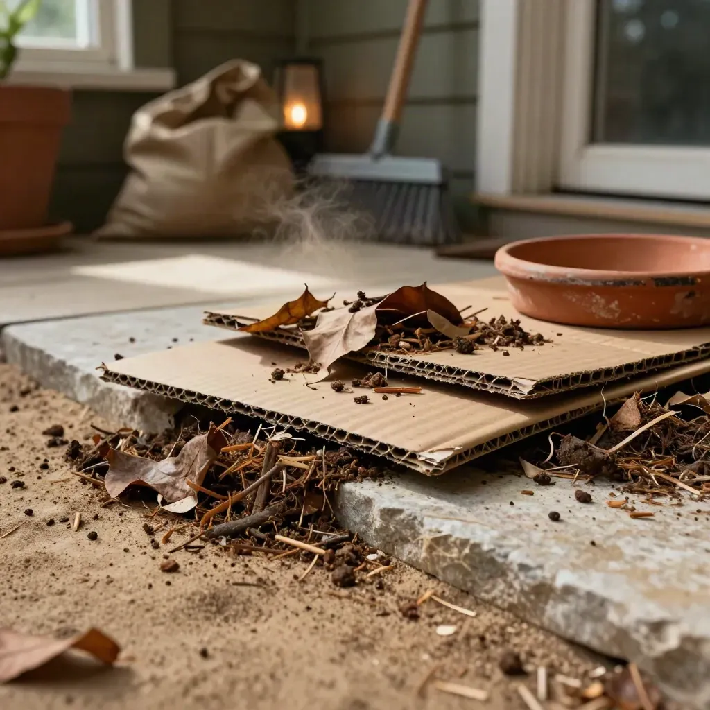 Tas brun de carton, feuilles mortes et broyat sur une dalle de pierre au crépuscule.