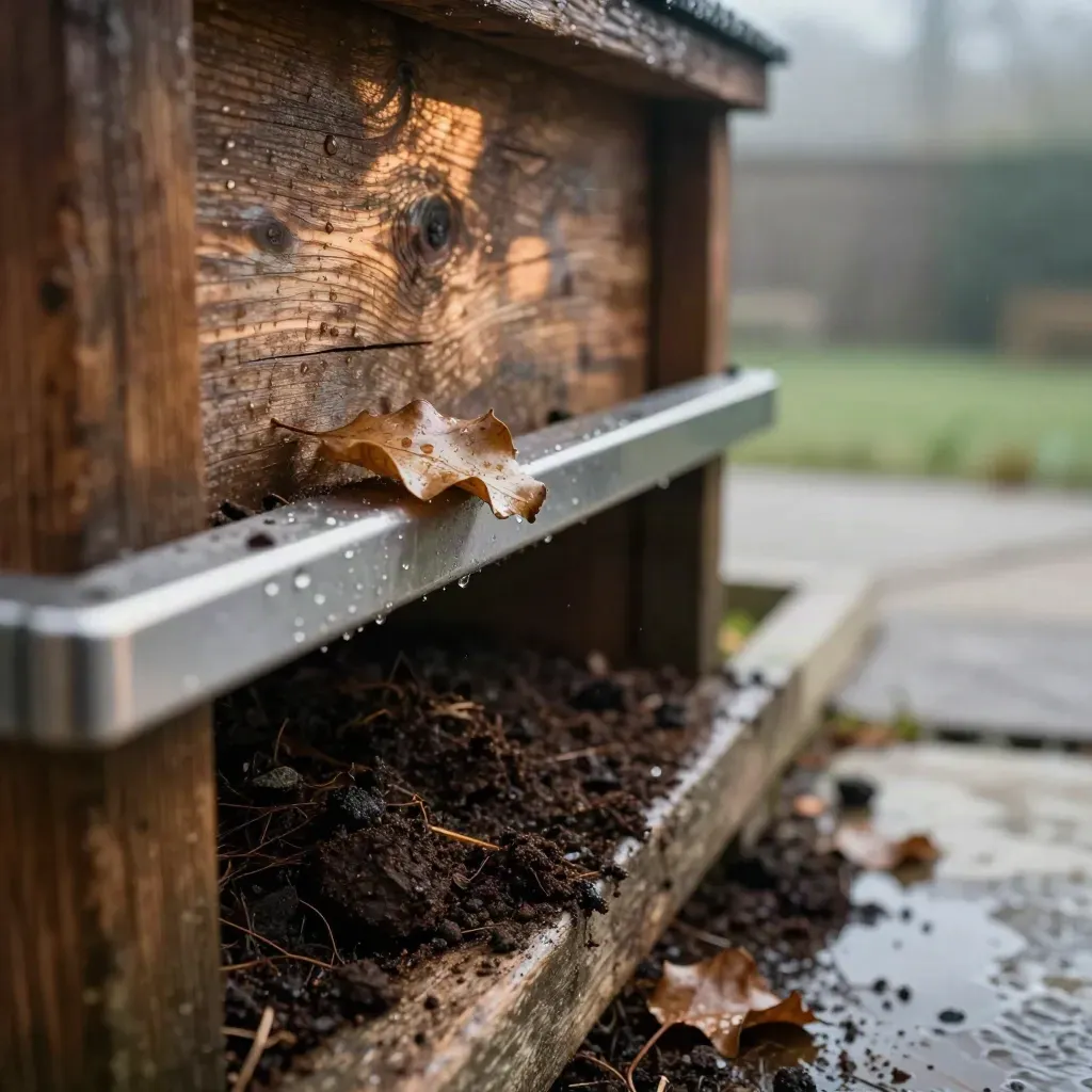 Gros plan d’un composteur en bois, bac inox, feuilles sèches et terreau humide après la pluie.