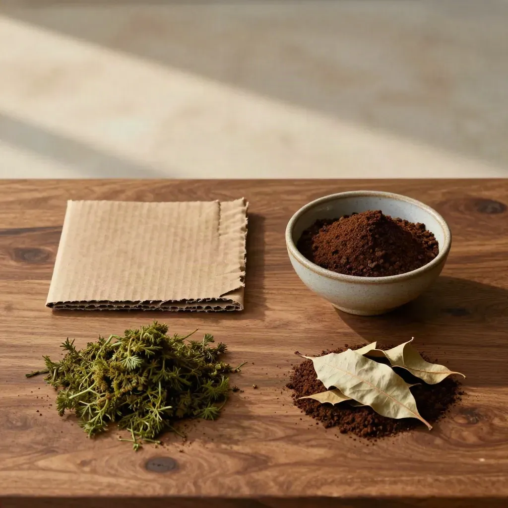 Vue du dessus de carton kraft, fanes de carottes, marc de café et feuilles sèches sur fond bois clair.