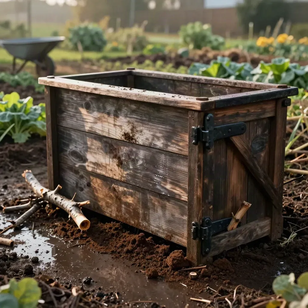 Gros plan d’un composteur de jardin en bois sombre près d’un potager, brouette et branches.