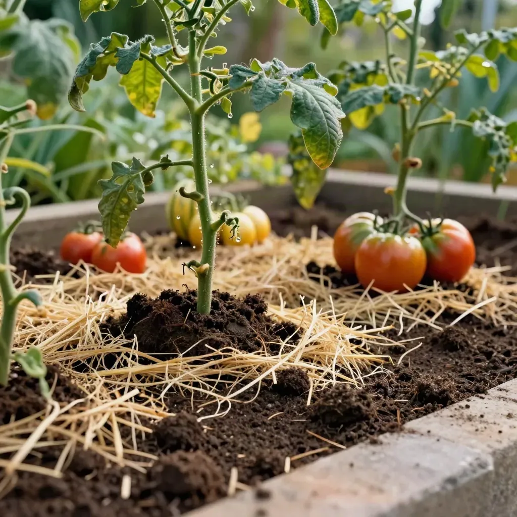 Terre riche et compost au pied de tomates et courges, au ras du paillis.