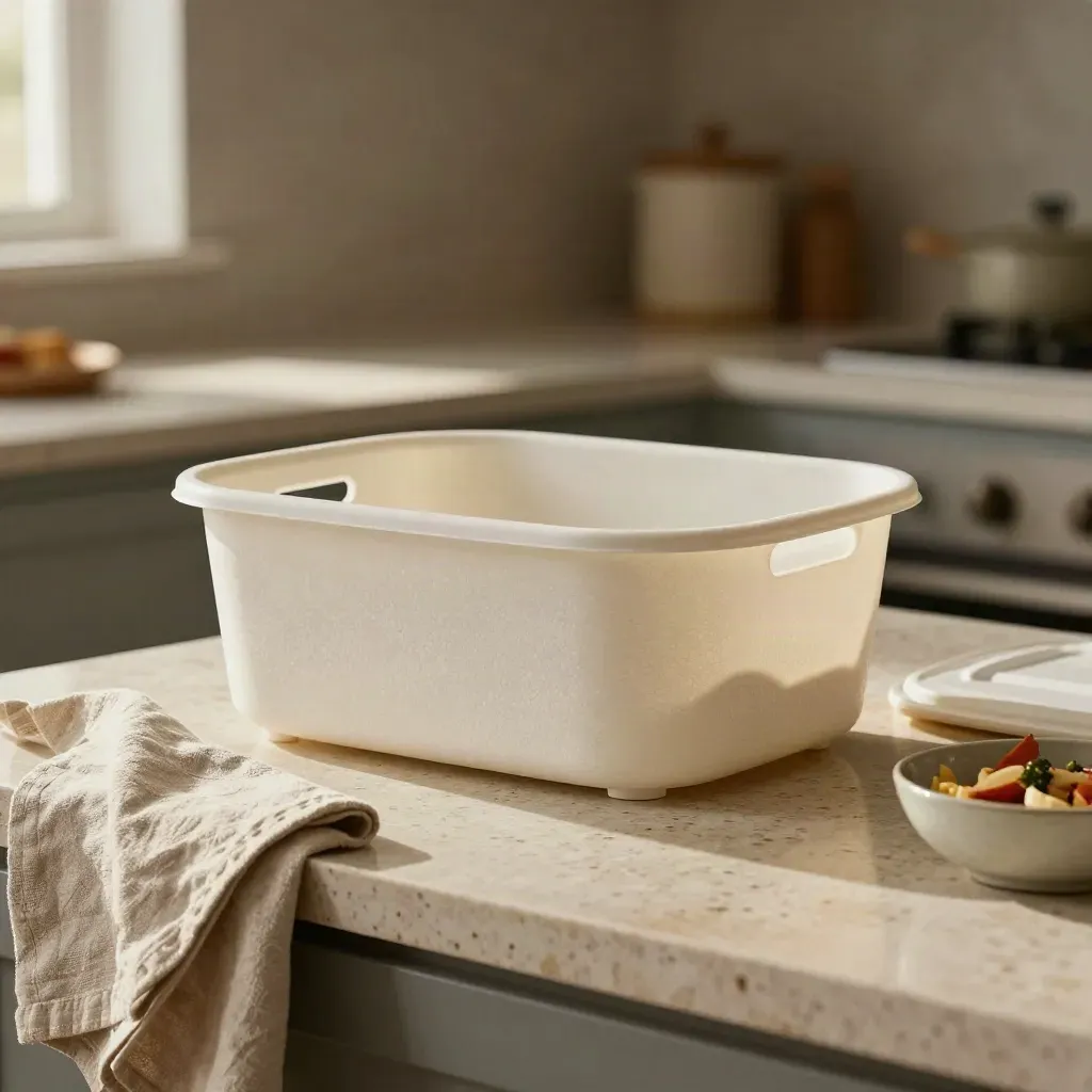 Bac de cuisine en plastique recyclé sur un plan de travail en pierre, lumière douce de fin d’après-midi.