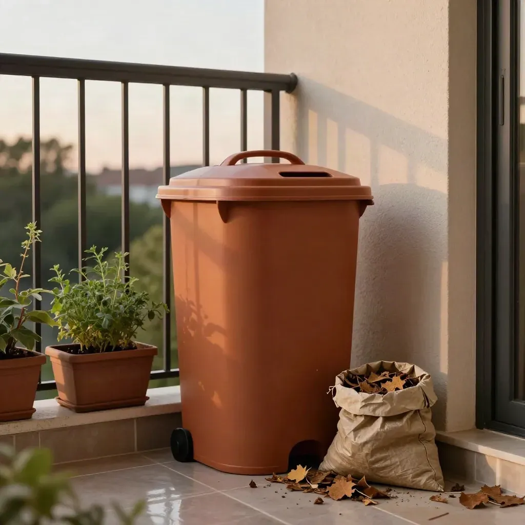 Petit compost de balcon, jardinières et sac de feuilles sèches dans une lumière de soirée.