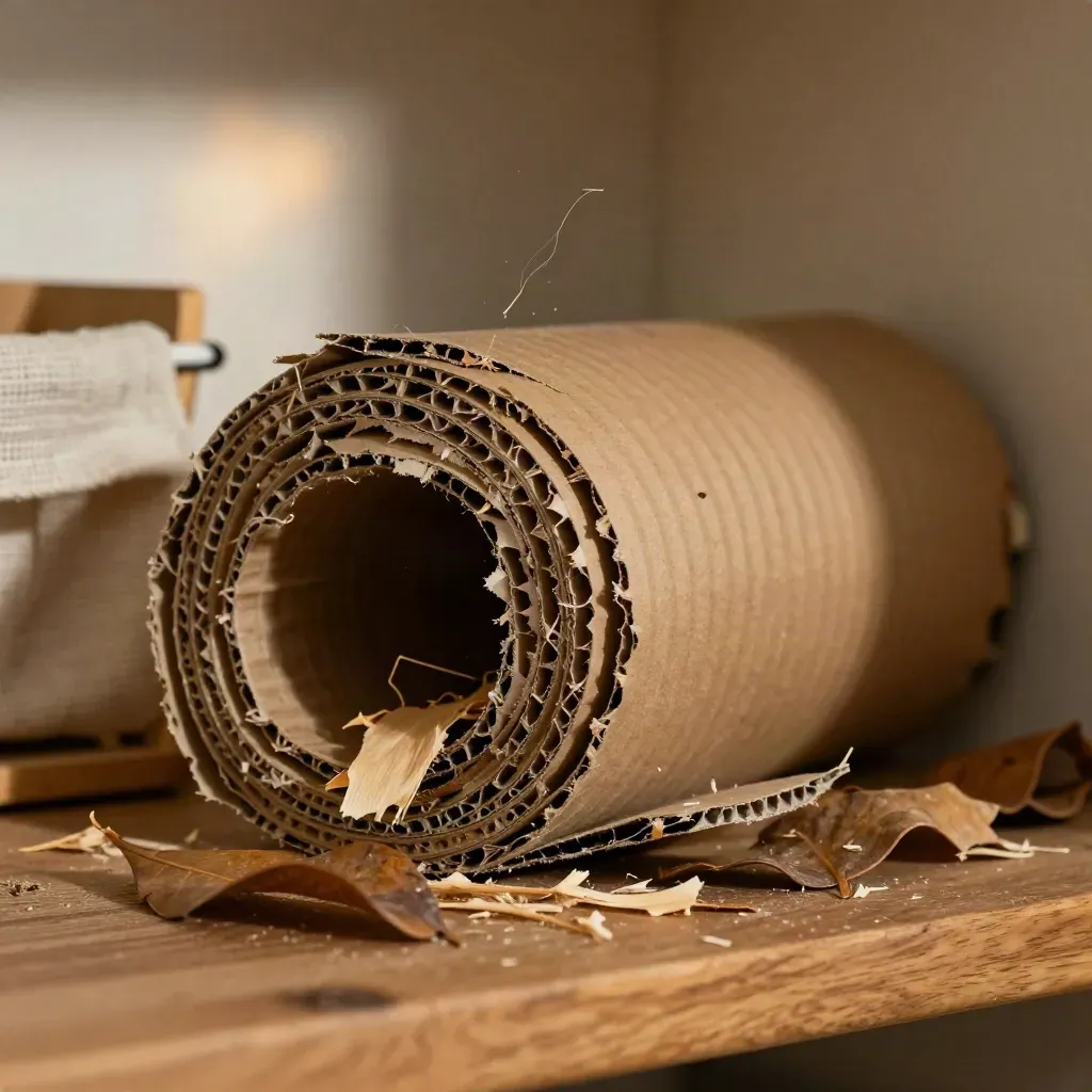 Carton brun déchiré en gros plan, feuilles sèches et copeaux autour, lumière douce d’après-midi.