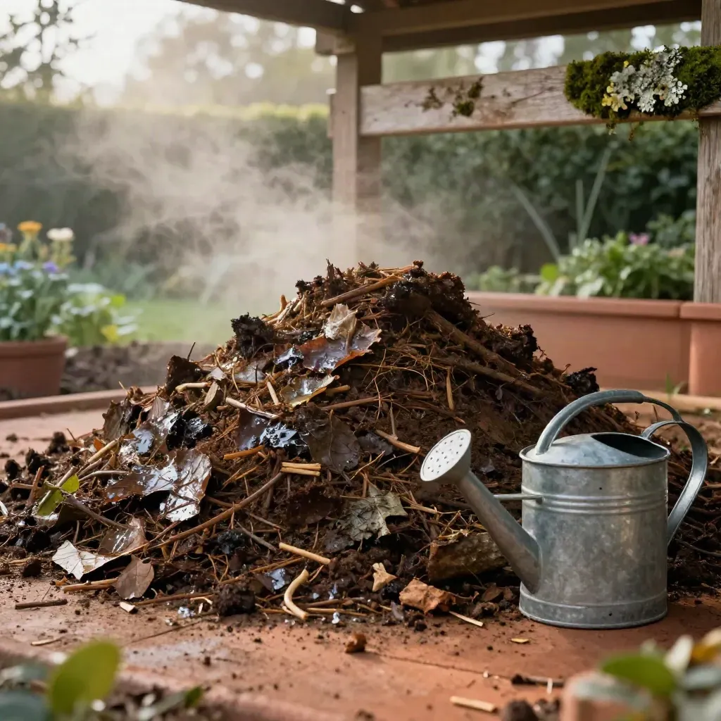 Tas de compost de jardin aéré sous abri, arrosoir à côté, brume du matin.