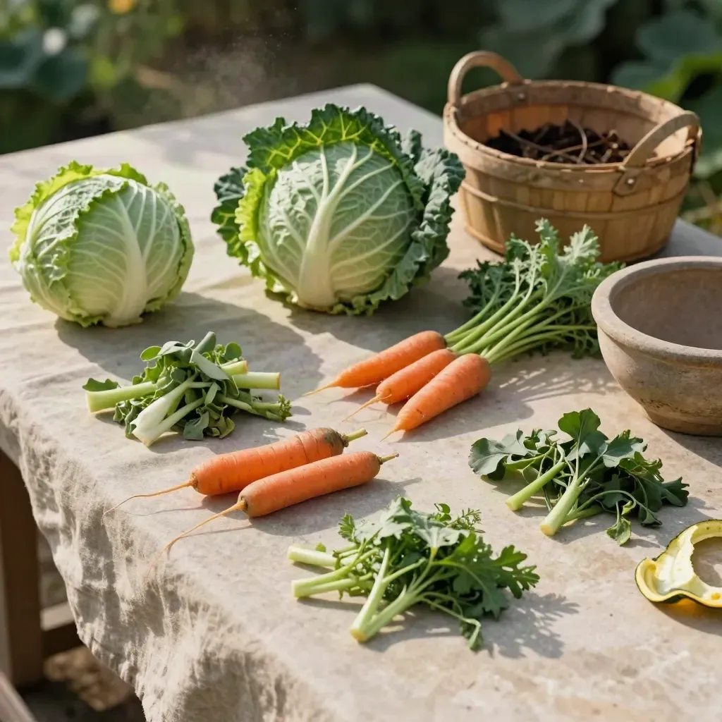 Restes de potager triés sur une table en lin, prêts pour le compost.