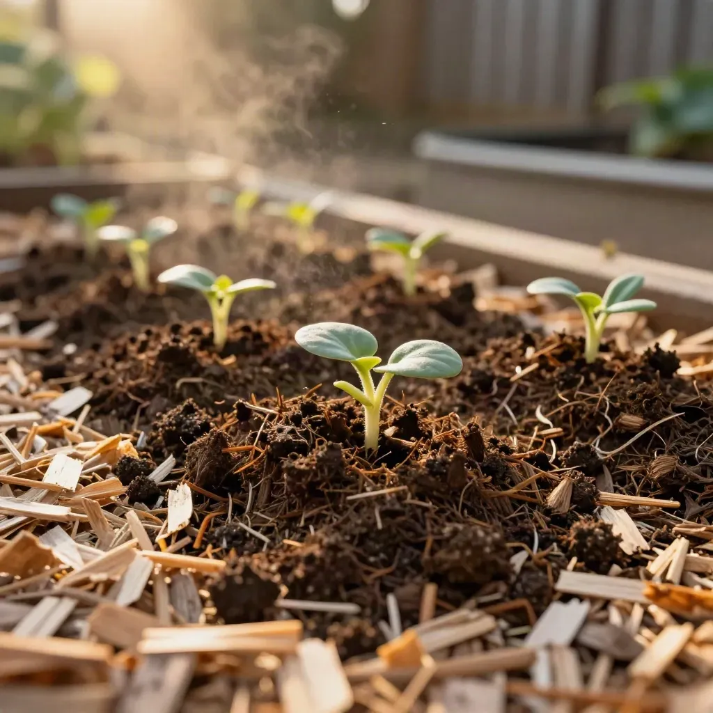 Paillage de compost mûr au pied de jeunes plants, lumière douce et sol en bois clair.