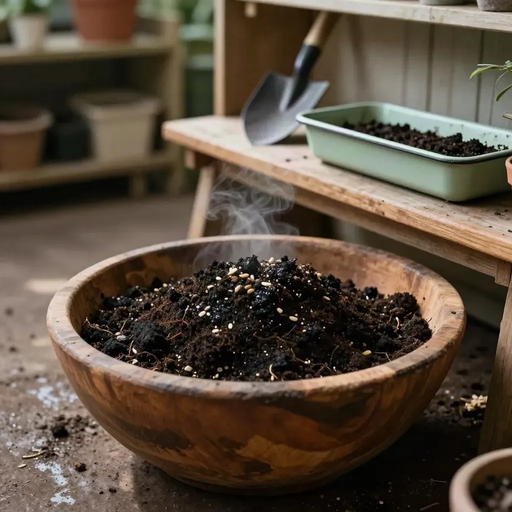 Compost mûr dans une grande cuvette en bois, graines, pelle et lumière du matin.