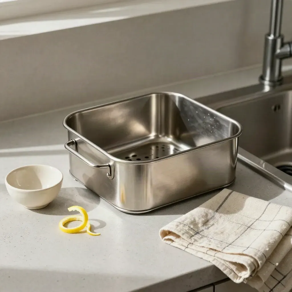 Vue zénithale d’un bac de cuisine en inox, zeste de citron, bol céramique et torchon plié.