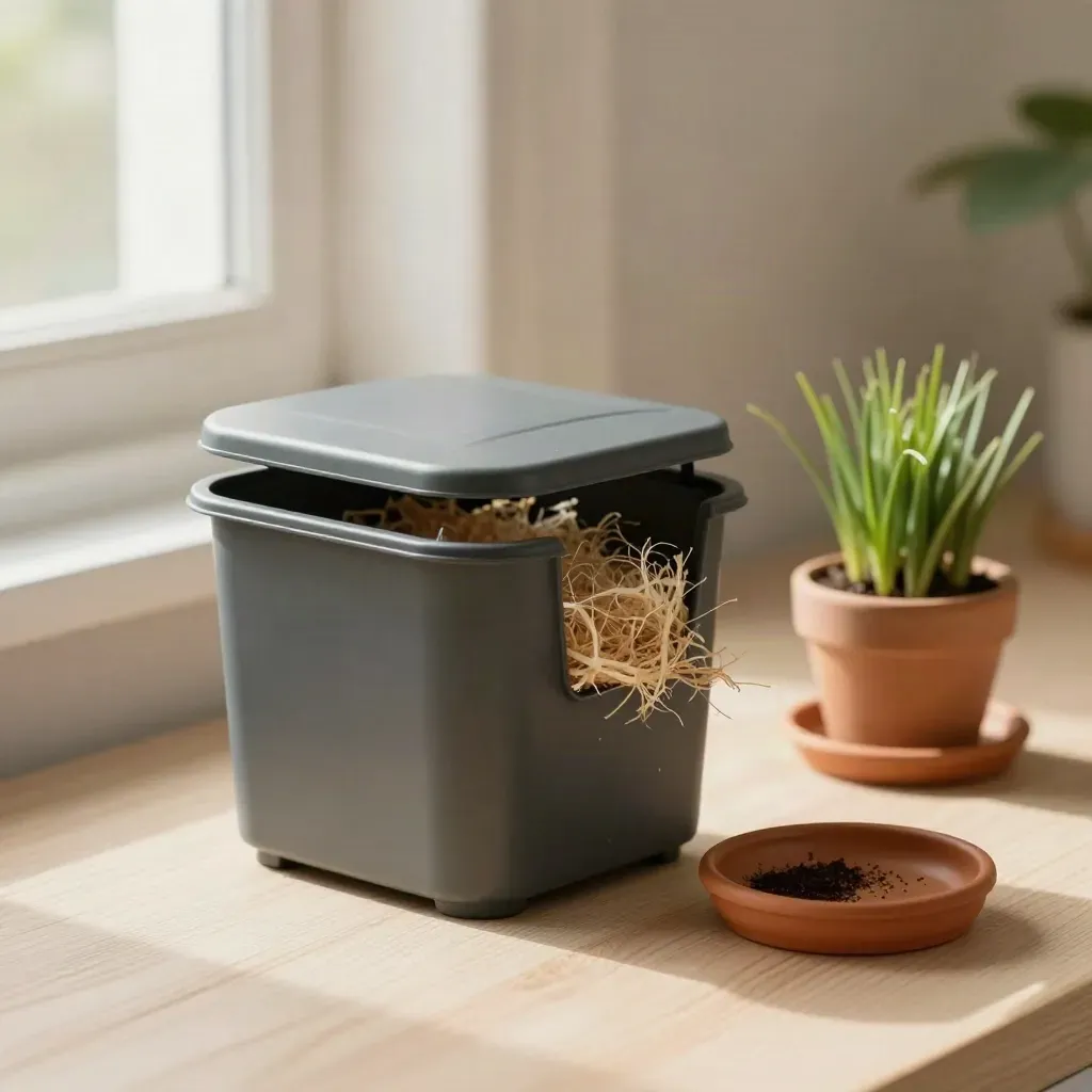 Composteur d’appartement miniature, herbe en pot et soucoupe en terre cuite sur bois clair.