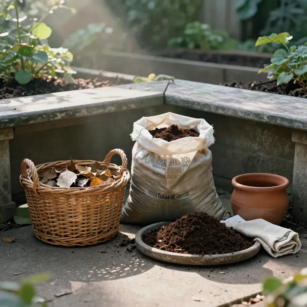 Coin jardin avec panier de feuilles, sac de terreau et compost mûr sur dalles claires.