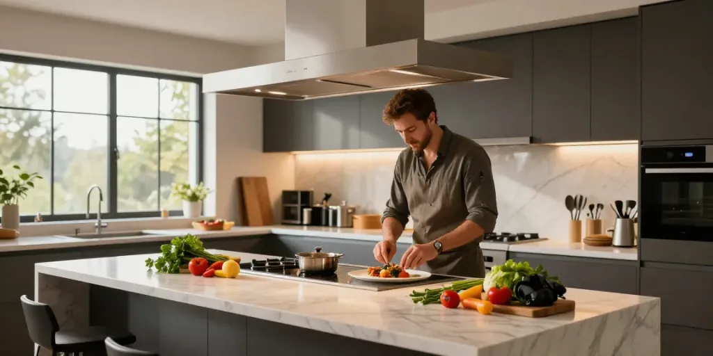 La hotte d’îlot central moderne dans une cuisine élégante avec un chef préparant un repas.