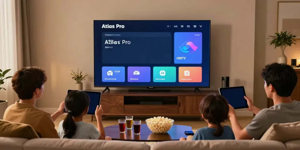 Une famille utilisant l'application Atlas Pro pour une soirée cinéma à domicile.