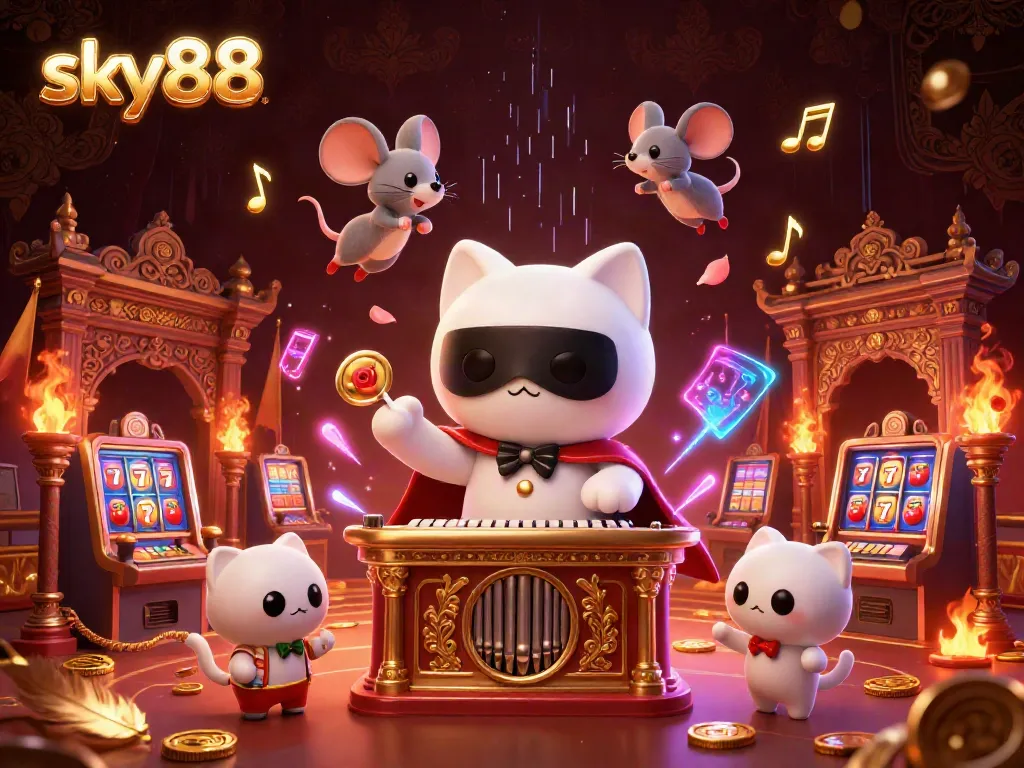 Experience thrilling gaming action at sky88 with a dynamic casino illustration featuring slot machines and rich visual elements.