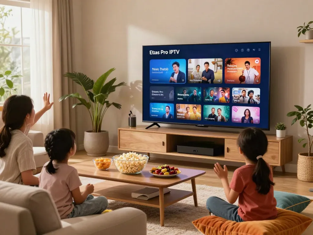 Regardez des chaînes avec atlas pro iptv dans un salon familial chaleureux.
