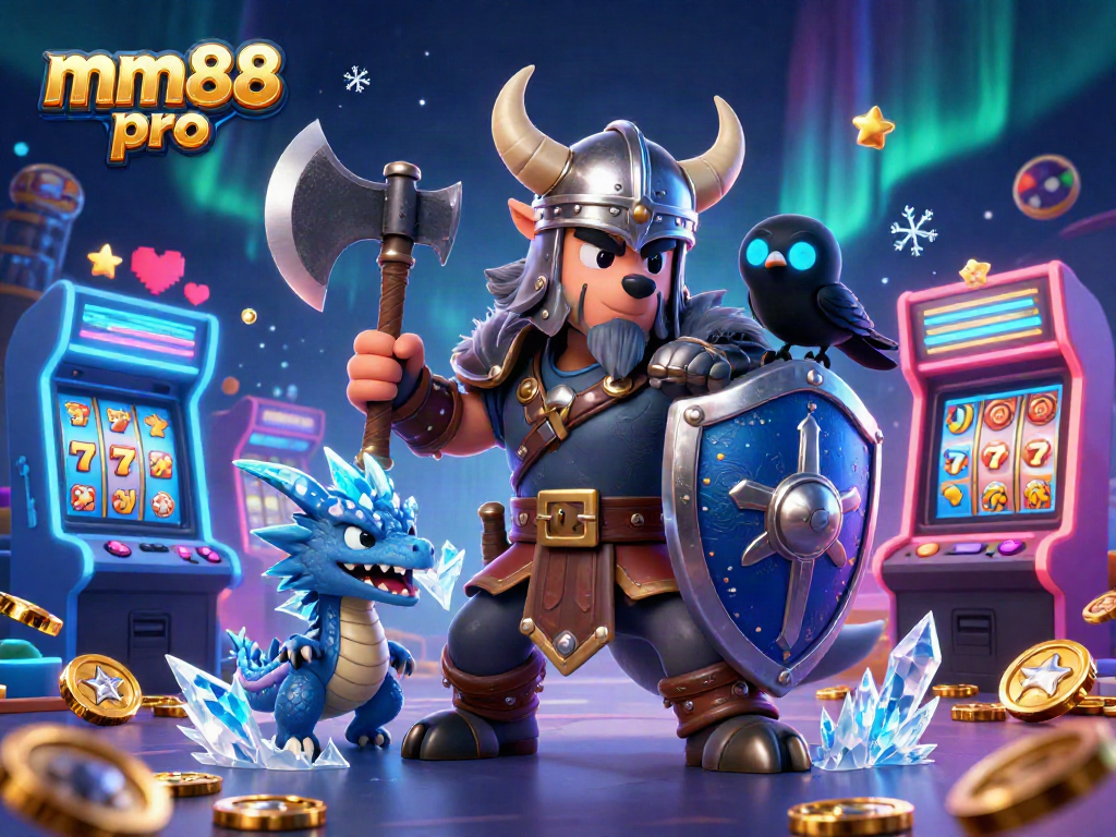 Experience mm88 pro action with vivid Viking, dragon, and arcade games in a rich casino scene.