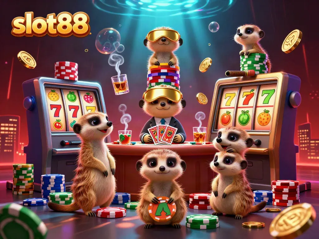 Engage with slot88's vibrant casino scene featuring playful meerkats amidst dynamic slot elements.