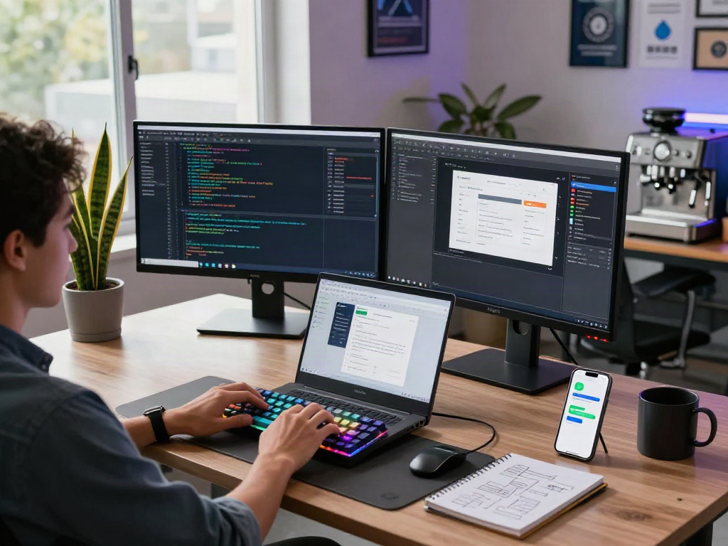 Développeur utilisant Atlas pro ontv sur un bureau moderne avec écrans de code et outils de productivité.
