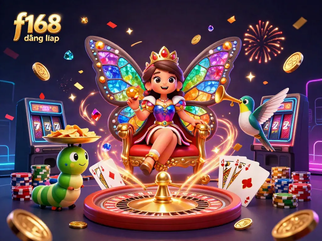 Play dynamic casino games at f168 đăng nhập with immersive 3D illustration showcasing vibrant characters and casino elements.
