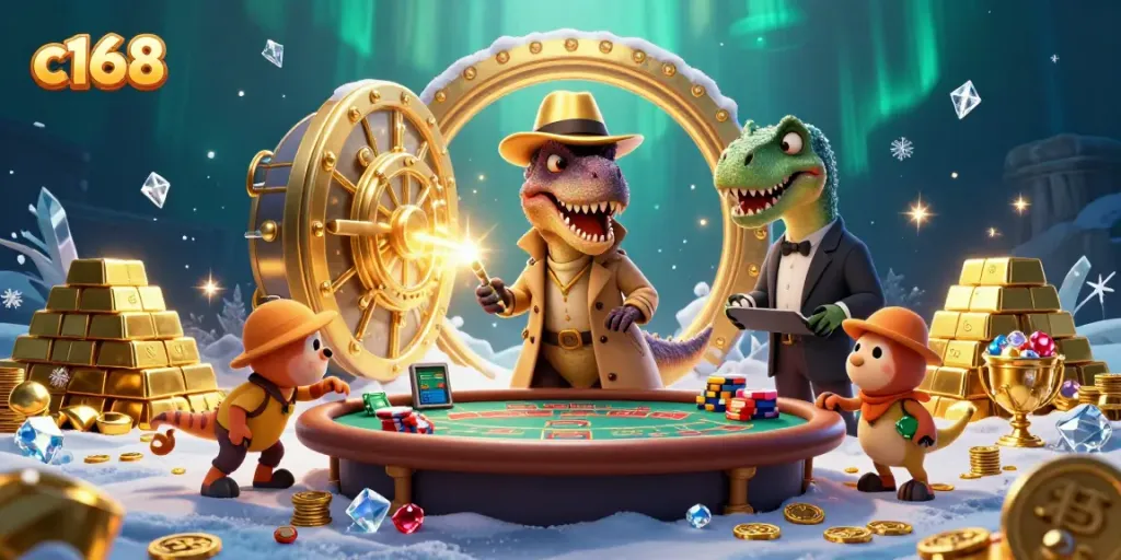 Compelling scene featuring c168's 3D cartoon velociraptor card counter amid a bustling casino